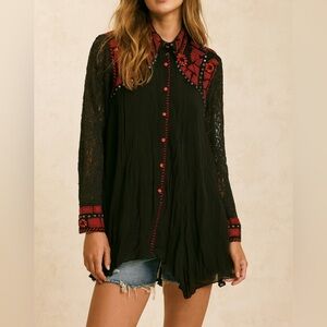 Vintage Collections western boho embroidered crochet floral lace sheer tunic / d